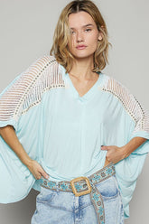 POL Oversize V-Neck Crochet Lace Contrast Studded Top OutfitFlow